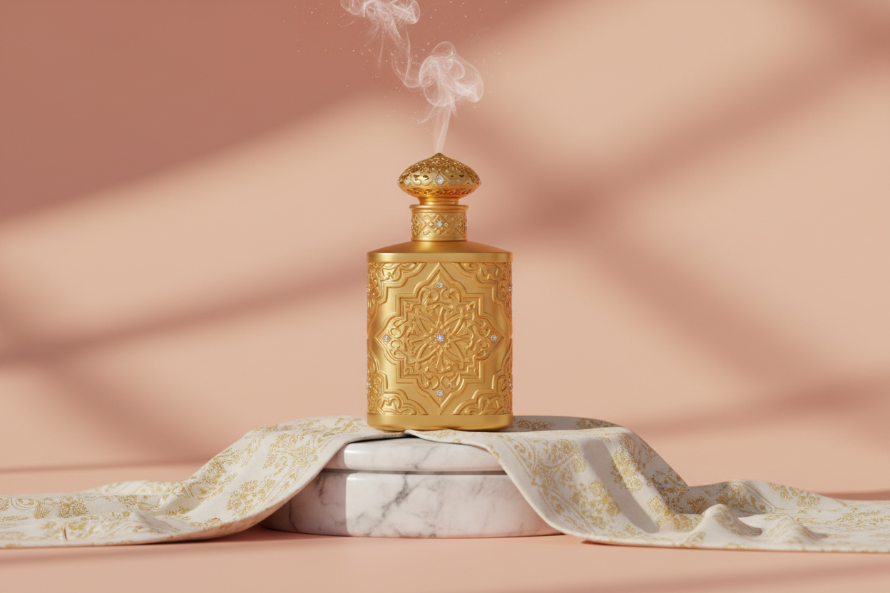 Create me parfum Image inspired by Arabic parfums which matches my website color scheme #fde2db, I'll be using this as the hero section banner image   